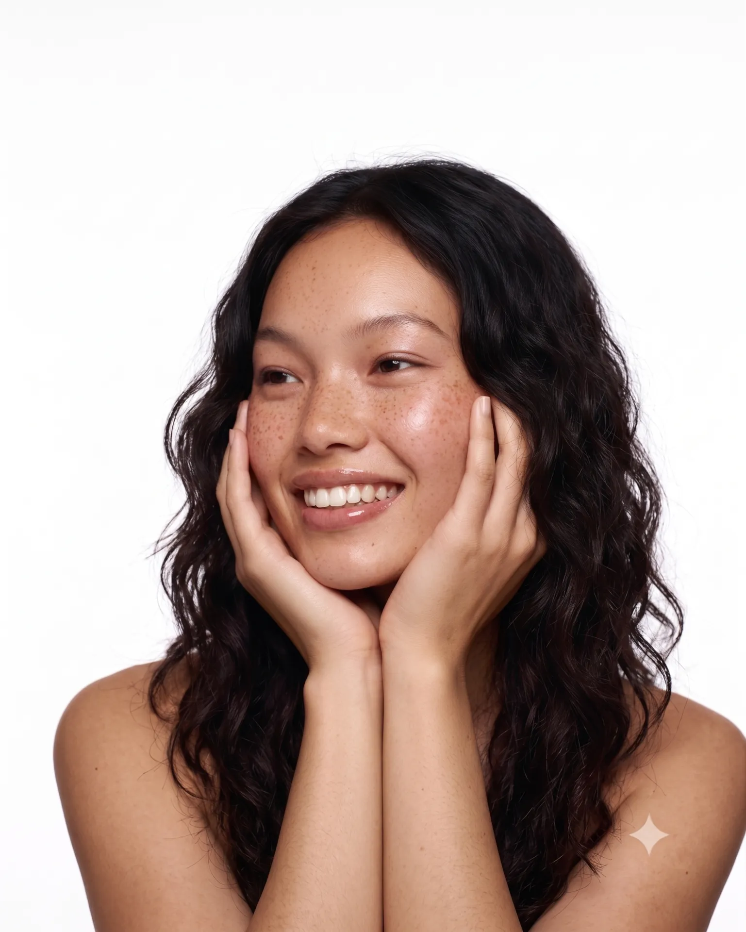 Editorial portrait of a client with a delicately placed crystal tooth gem.