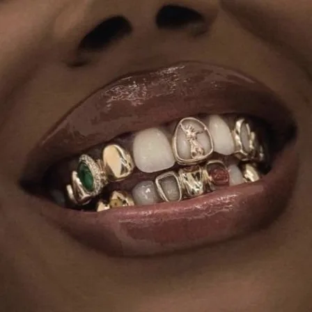 Detail of gold grill work with gems — the bolder end of the range
